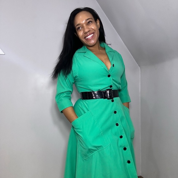 Vintage Green Button-Up Women's Dress A-line Spring Casual Midi Cutesy ILGWU - Picture 7 of 11